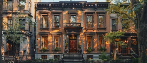A row of brown buildings with a large brown building in the middle