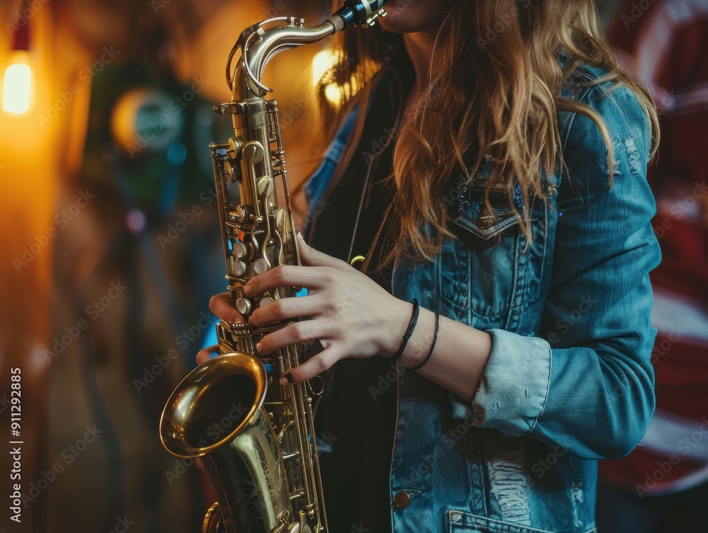Obraz premium Musician Playing Saxophone Indoors With Colorful Accessories and Textiles During an Afternoon Session