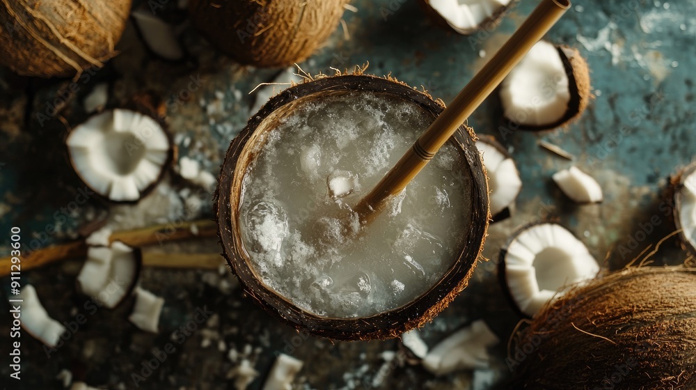 A top view of a coconut water drink with a bamboo straw, surrounded by fresh coconut pieces A top view of a coconut water drink with a bamboo straw, surrounded by fresh coconut pieces