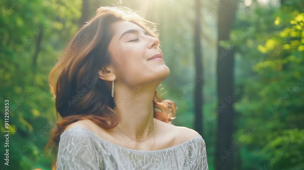 Relaxed happy beautiful young woman breathing fresh air deep with a green forest in natural. Ai Footage. Relaxed happy beautiful young woman breathing fresh air deep with a green forest in natural. Ai Footage.