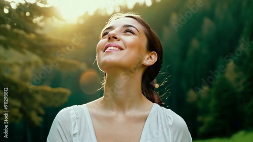 Relaxed happy beautiful young woman breathing fresh air deep with a green forest in natural. Ai Footage.