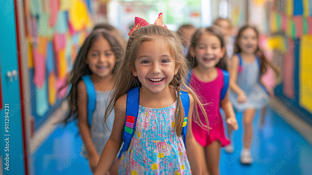 Group of joyful children with backpacks running down a colorful school hallway, excited for the new school day. Group of joyful children with backpacks running down a colorful school hallway, excited for the new school day.