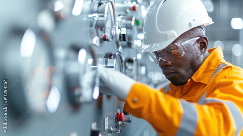 A worker in a flame-resistant suit, monitoring gauges and controls in a refinery control room