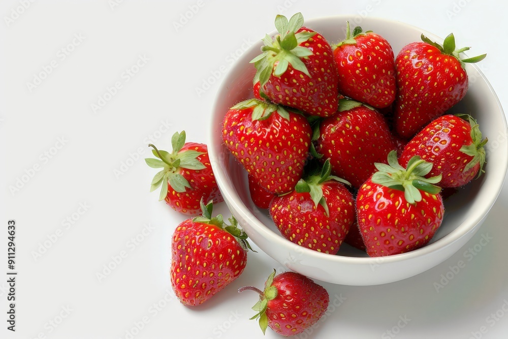 High-definition image of fresh strawberries, perfectly arranged and illuminated against a clean white backdrop. High-definition image of fresh strawberries, perfectly arranged and illuminated against a clean white backdrop.