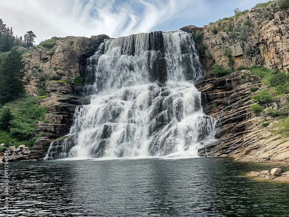A majestic waterfall cascades down a rocky cliff into a serene pool surrounded by lush greenery and rugged terrain under a partly cloudy sky A majestic waterfall cascades down a rocky cliff into a serene pool surrounded by lush greenery and rugged terrain under a partly cloudy sky