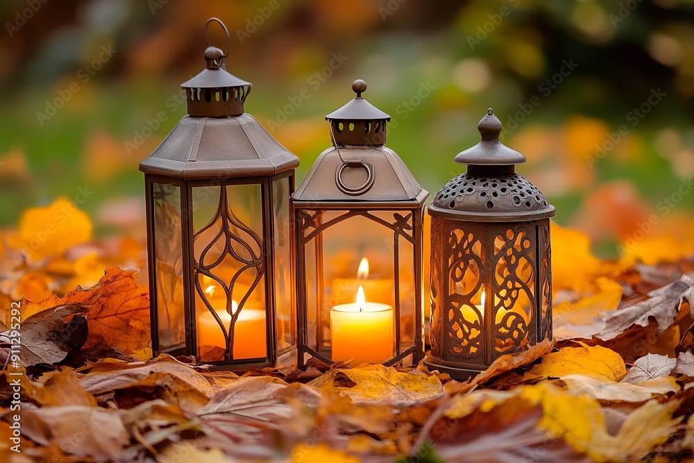 Autumn lanterns with candles among fall leaves Autumn lanterns with candles among fall leaves