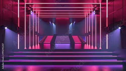 a stage with purple lights and stairs photo