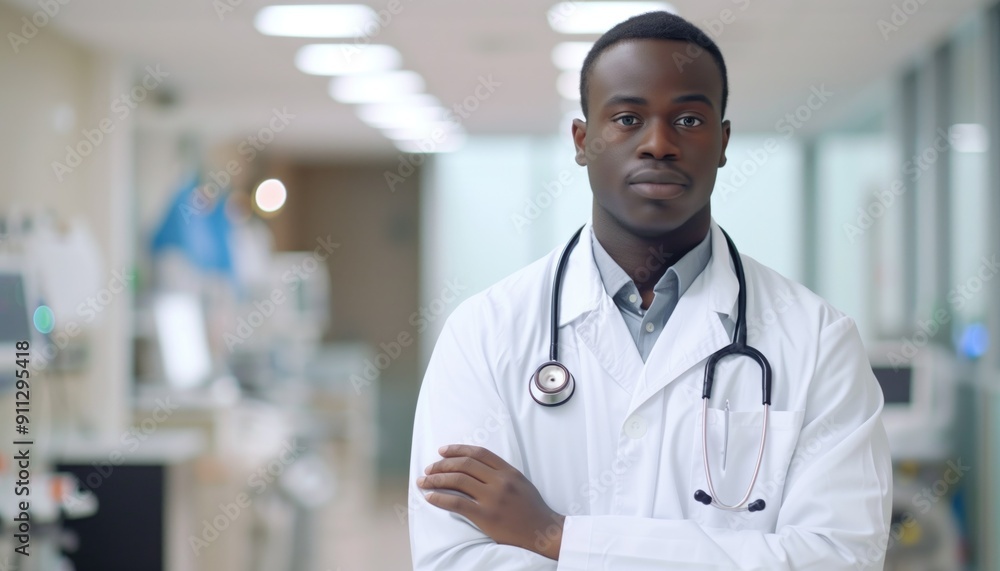 Confident doctor in white coat with stethoscope standing in a modern hospital corridor. Concepts of healthcare, medical profession, and confidence in a clinical setting. Confident doctor in white coat with stethoscope standing in a modern hospital corridor. Concepts of healthcare, medical profession, and confidence in a clinical setting.