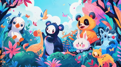 Playful children's illustration with cute animals and cheerful colors