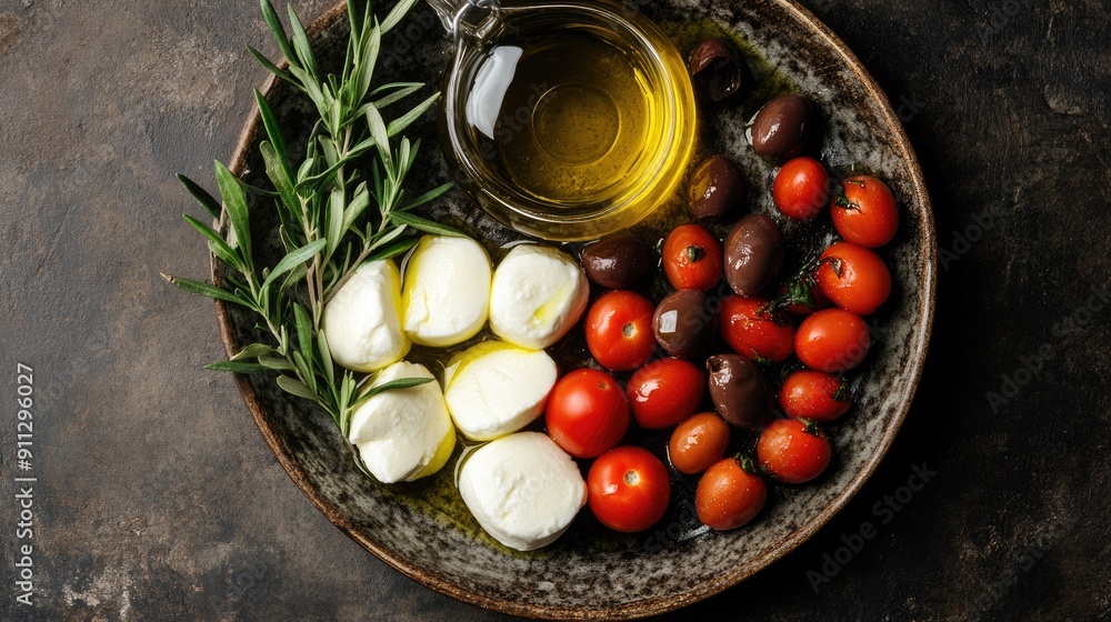A top view of a serving platter with olives, cherry tomatoes, mozzarella, and a bottle of olive oil A top view of a serving platter with olives, cherry tomatoes, mozzarella, and a bottle of olive oil
