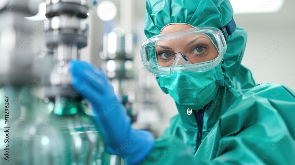 A worker in a hazmat suit, conducting maintenance on a chemical reactor A worker in a hazmat suit, conducting maintenance on a chemical reactor