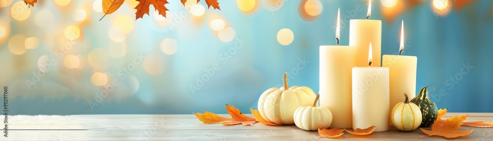 A cozy autumn scene featuring warm candles and decorative pumpkins, creating a tranquil atmosphere with a soft bokeh backdrop. A cozy autumn scene featuring warm candles and decorative pumpkins, creating a tranquil atmosphere with a soft bokeh backdrop.