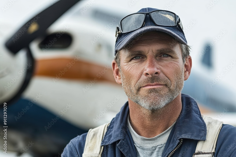 A pilot in a blue uniform stands confidently in front of a vintage propeller-driven airplane, showcasing elements of aviation and professionalism. A pilot in a blue uniform stands confidently in front of a vintage propeller-driven airplane, showcasing elements of aviation and professionalism.