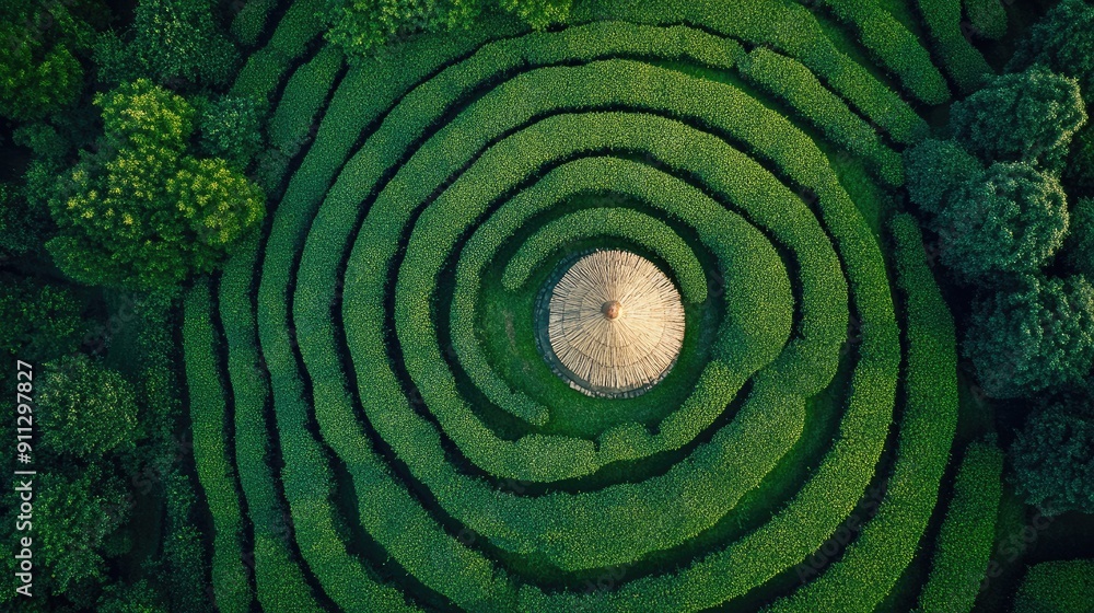 A top view shot of a green tea plantation with a small gazebo in the center, offering a perfect spot for tea tasting A top view shot of a green tea plantation with a small gazebo in the center, offering a perfect spot for tea tasting