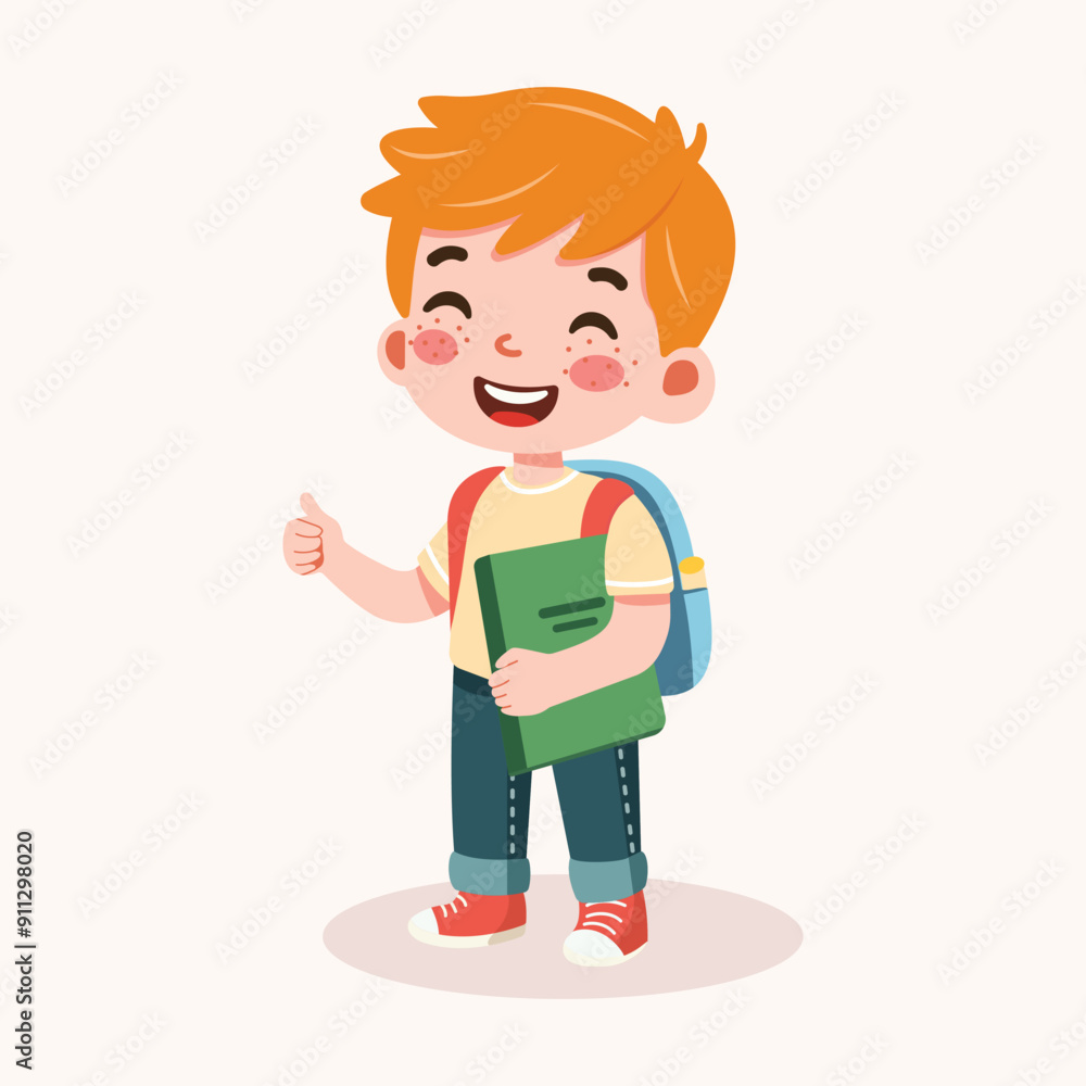 Cute red hair boy with freckles are happy with backpack and book. Back to school concept. Vector illustration in flat cartoon style Cute red hair boy with freckles are happy with backpack and book. Back to school concept. Vector illustration in flat cartoon style