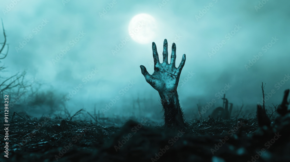 Hand of zombie coming out from the ground, foggy and mysterious background with full moon. Scary halloween concept. Horror night vibe