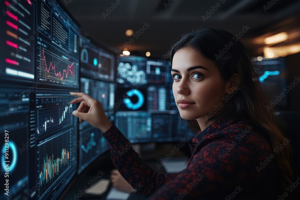 This image depicts a professional woman in a dimly lit office, intensely analyzing multiple data displays on her large computer monitors, likely for strategic decision-making. This image depicts a professional woman in a dimly lit office, intensely analyzing multiple data displays on her large computer monitors, likely for strategic decision-making.