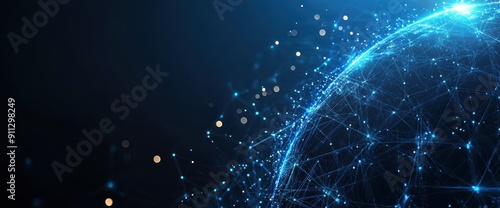 Smart city integration technology with IoT and blockchain, displaying wireless network connections across the globe on a panorama background