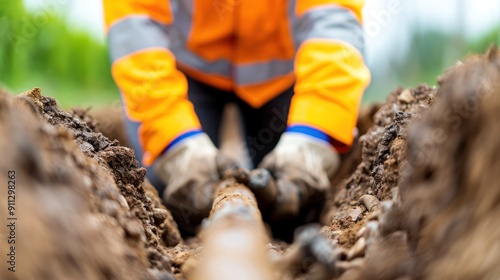 A worker in a reflective vest, inspecting underground electrical cables in a trench