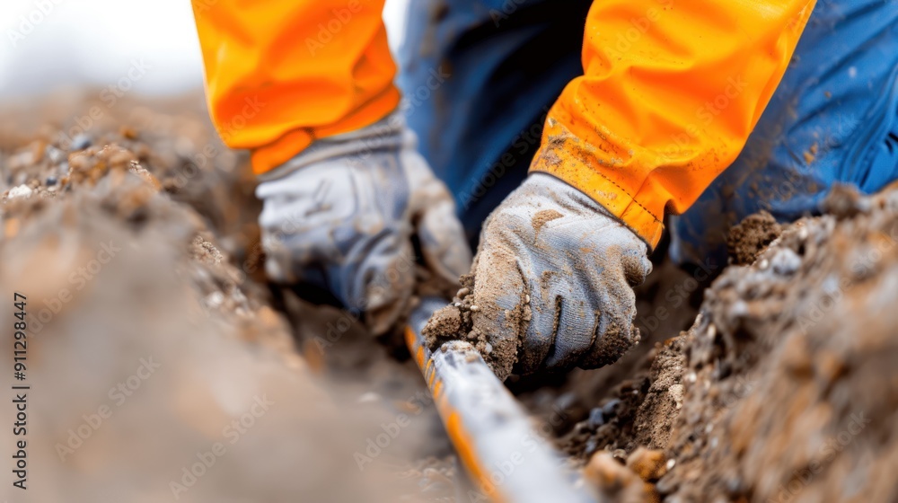 A worker in a reflective vest, inspecting underground electrical cables in a trench A worker in a reflective vest, inspecting underground electrical cables in a trench