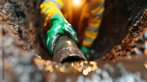 A worker in a reflective vest and hard hat, performing inspections inside a confined space photo