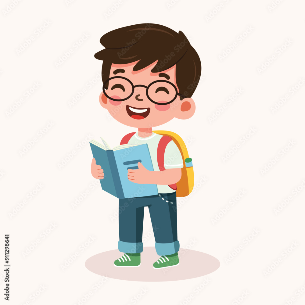 Cute and smart boy with glasses are happy with backpack and book. Back to school concept. Vector illustration in flat cartoon style Cute and smart boy with glasses are happy with backpack and book. Back to school concept. Vector illustration in flat cartoon style