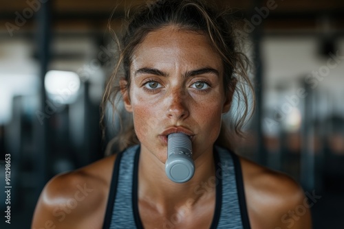 A determined athlete in a grey athletic top is captured during an intense workout session in a gym, highlighting her dedicated physical training and fitness focus.