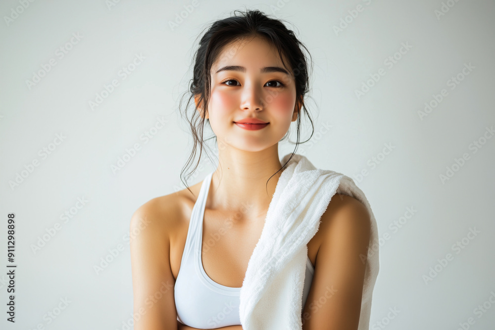 運動終わりにタオルで汗を拭くアジア人女性。白い背景。 運動終わりにタオルで汗を拭くアジア人女性。白い背景。