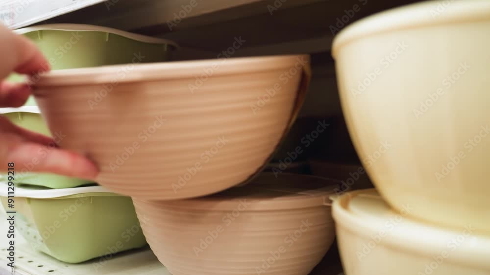 view of a hand taking a bowl from the bowl section in a store. The scene includes various bowls, such as green and brown ones, neatly arranged on shelves view of a hand taking a bowl from the bowl section in a store. The scene includes various bowls, such as green and brown ones, neatly arranged on shelves