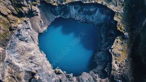 Wallpaper Mural Aerial top view of a volcanic crater lake with vibrant blue water, encircled by rugged, rocky terrain Torontodigital.ca