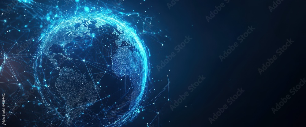 Concept of global communication network for internet business with cryptocurrency and blockchain elements in a wide banner design Concept of global communication network for internet business with cryptocurrency and blockchain elements in a wide banner design