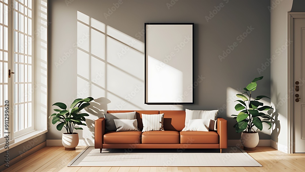 Fototapeta premium 3D Frame mockup, Serene and Stylish Living Room with Minimal Decor and Ample Natural Light. Modern interior design
