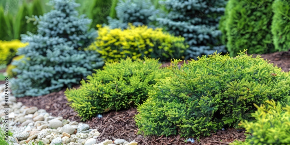 Naklejka premium Evergreen shrubs in landscape design. Generation of Ai