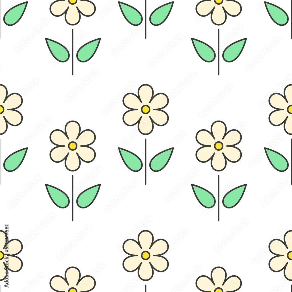 Obraz premium Yellow line flowers with green leaves on white background. Vector seamless pattern. Best for textile, wallpapers, wrapping paper and your design.