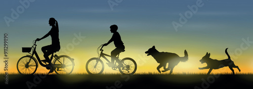 Young mother and son riding bicycle with dogs running outdoor nature at sunset vector silhouette.