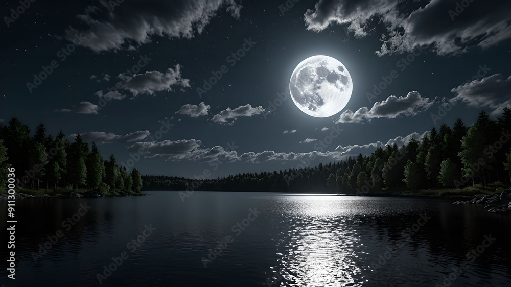 Full Moon Night Over Lake with Dynamic Clouds Full Moon Night Over Lake with Dynamic Clouds