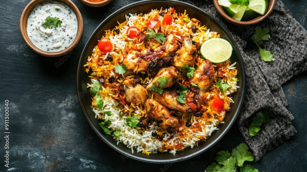 Top view of a beautifully plated serving of biryani with aromatic spices, tender chicken pieces, and a side of raita and salad Top view of a beautifully plated serving of biryani with aromatic spices, tender chicken pieces, and a side of raita and salad