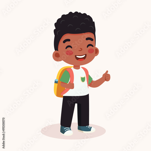 Cute African American Boy are happy with backpack. Back to school concept. Vector illustration in flat cartoon style