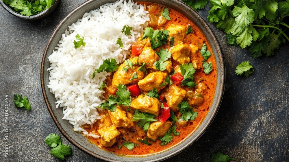 Top view of a bowl of aromatic chicken curry with a side of steamed rice and a sprinkle of fresh coriander Top view of a bowl of aromatic chicken curry with a side of steamed rice and a sprinkle of fresh coriander