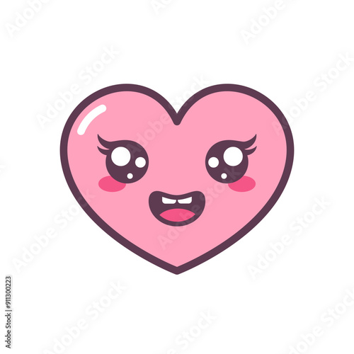 Kawaii pink heart with eyes and smiling mouth. Vector flat illustration with outline.