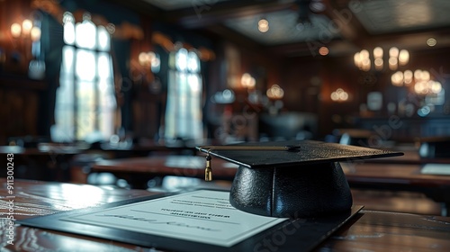 Graduation academic hat and a certificate on a table