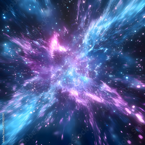 Abstract background in blue and purple neon glow colors. Speed of light in galaxy. explosion in universe. Cosmic background.