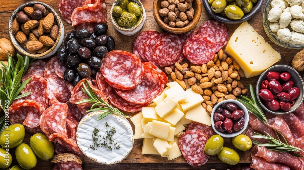 Top view of a charcuterie board featuring olives, cured meats, cheeses, and nuts Top view of a charcuterie board featuring olives, cured meats, cheeses, and nuts