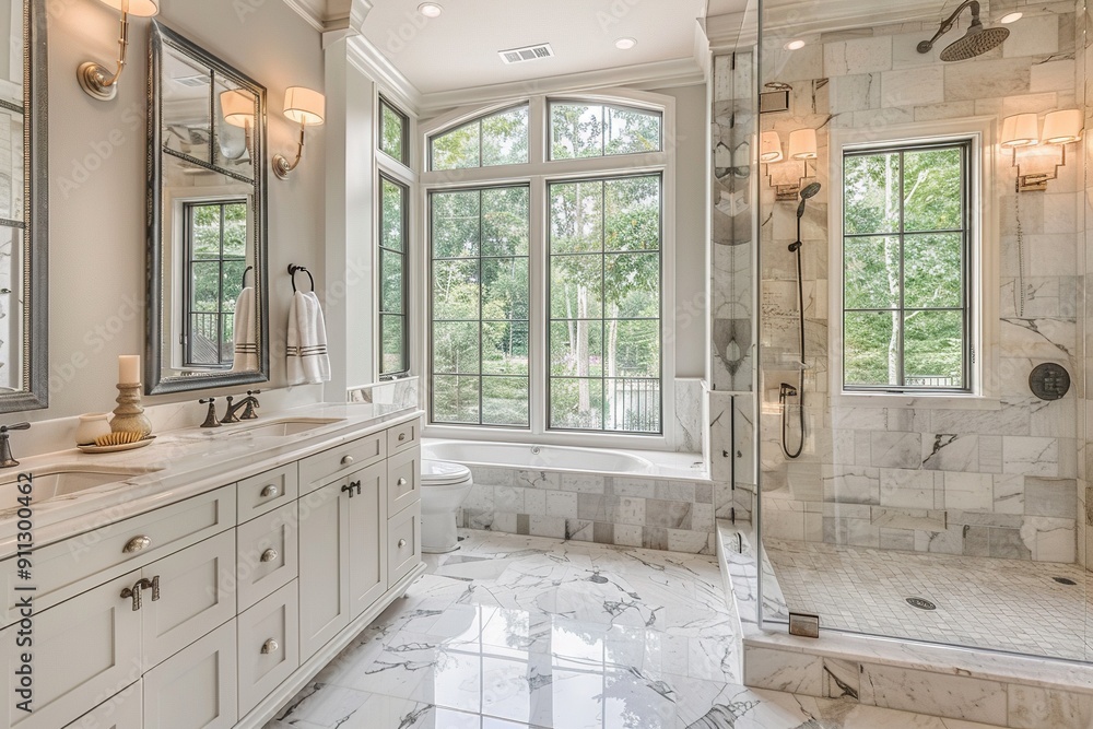 A large bathroom with a walk in shower and a bathtub A large bathroom with a walk in shower and a bathtub