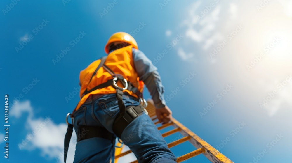 A worker in a safety harness, climbing an oil rig derrick