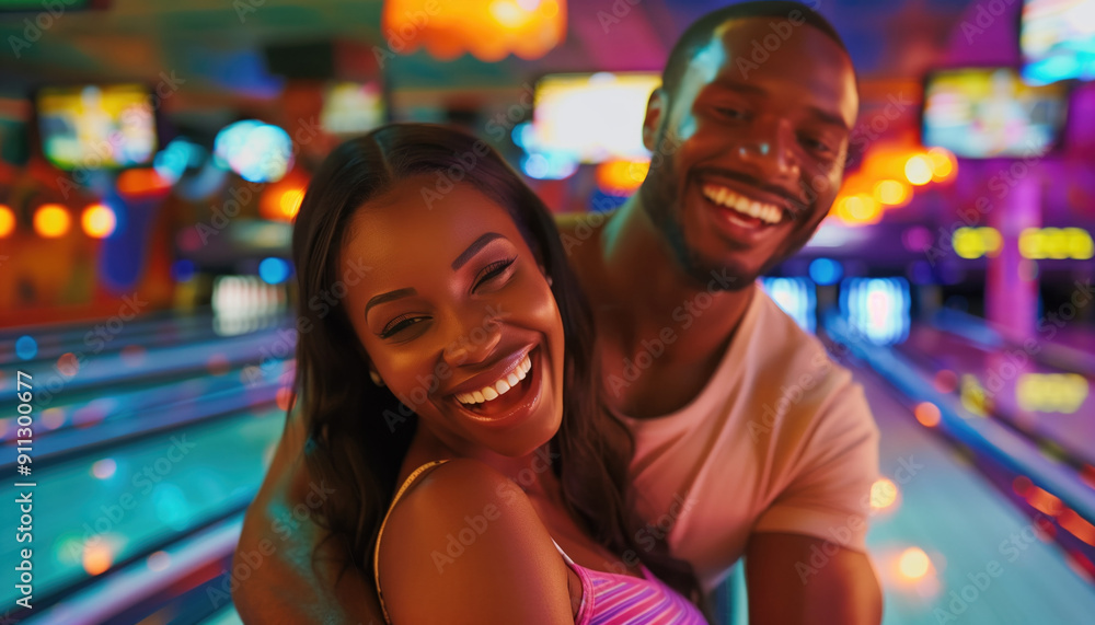 Smiling couple embracing in a vibrant bowling alley with colorful lights and monitors. Concepts of fun, romance, and leisure activities. Smiling couple embracing in a vibrant bowling alley with colorful lights and monitors. Concepts of fun, romance, and leisure activities.