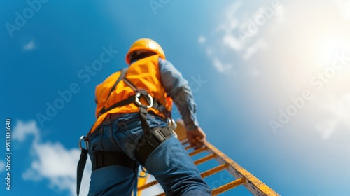 A worker in a safety harness, climbing an oil rig derrick