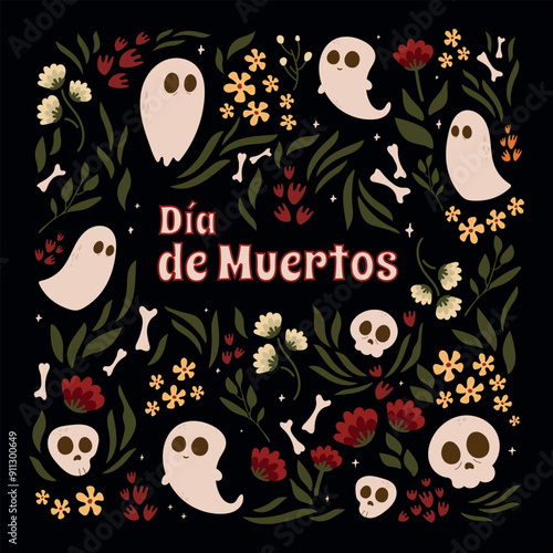 Dia de Muertos.Postcard in honor of the Day of the Dead.Traditional mexican music festival,fun bright dance characters.National hispanic heritage month banner with tropical flowers.Dark background.