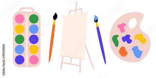 Drawing tools set featuring various stationery items for artists. Vector collection ideal for creative projects and art supplies