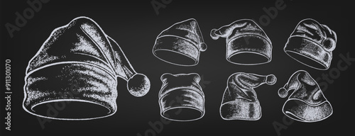 Set of Santa Claus hats made in sketch style. Chalk drawing on blackboard. Vector.